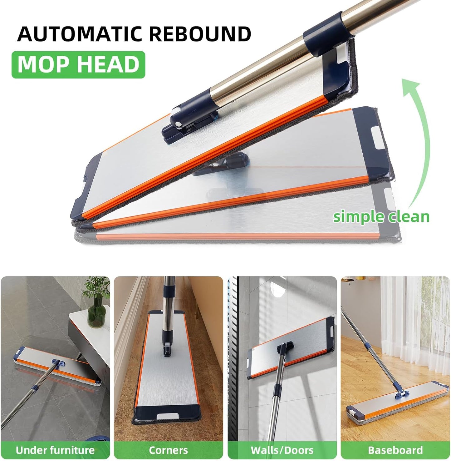 Mop and Bucket Set with Wringer for Home, 360° Flat Squeeze Mop with Long Handle and 6 Microfiber Cloths for Floor Cleaning (White+Blue, Slim Bucket and 15.7'' Aluminum Alloy Mop Head)