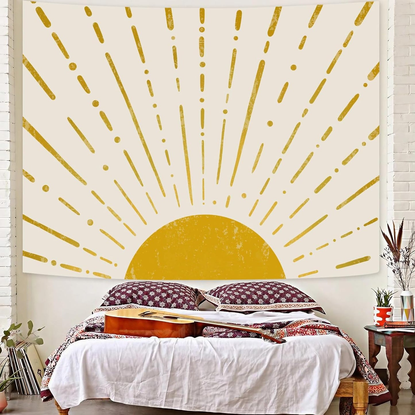 Kanuyee Gold Boho Burning Sun Tapestry Wall Hanging, Retro 70s Abstract Vintage Geometric Line Sunrise Tapestries for Bedroom Living Room Backdrop 44×60 inch