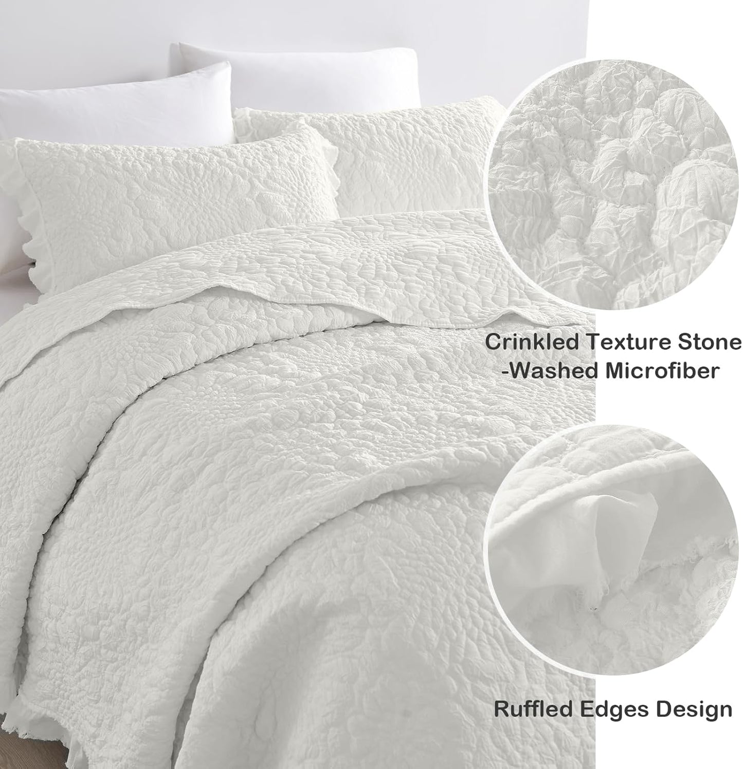 HORIMOTE HOME Cream White Ruffled Quilt Queen Size, Stone-Washed Microfiber Lightweight Crinkled Farmhouse Shabby Chic Bedding Set, 3 Pieces Reversible Bedspread with Pillow Sham for All Season
