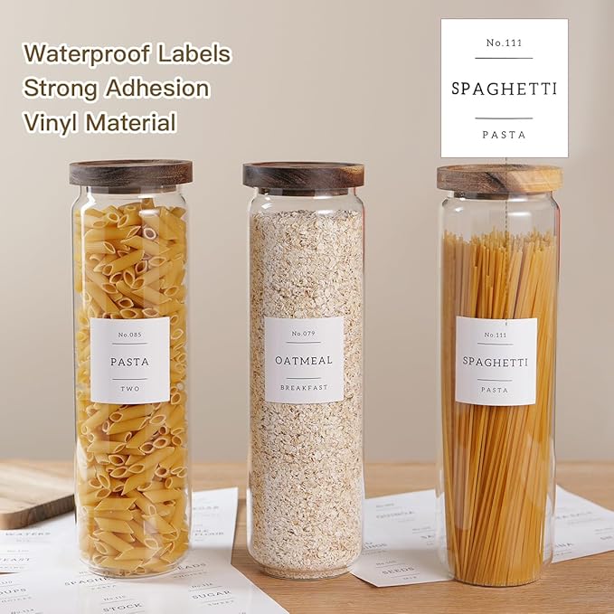 3 Set Glass Pantry Storage Jars with Acacia Airtight Lid - 50oz Thicken Glass Kitchen Canisters with 132 Pantry Labels - Tall Food Storage Containers with Wood Lid for Pasta,Spaghetti,Cereal