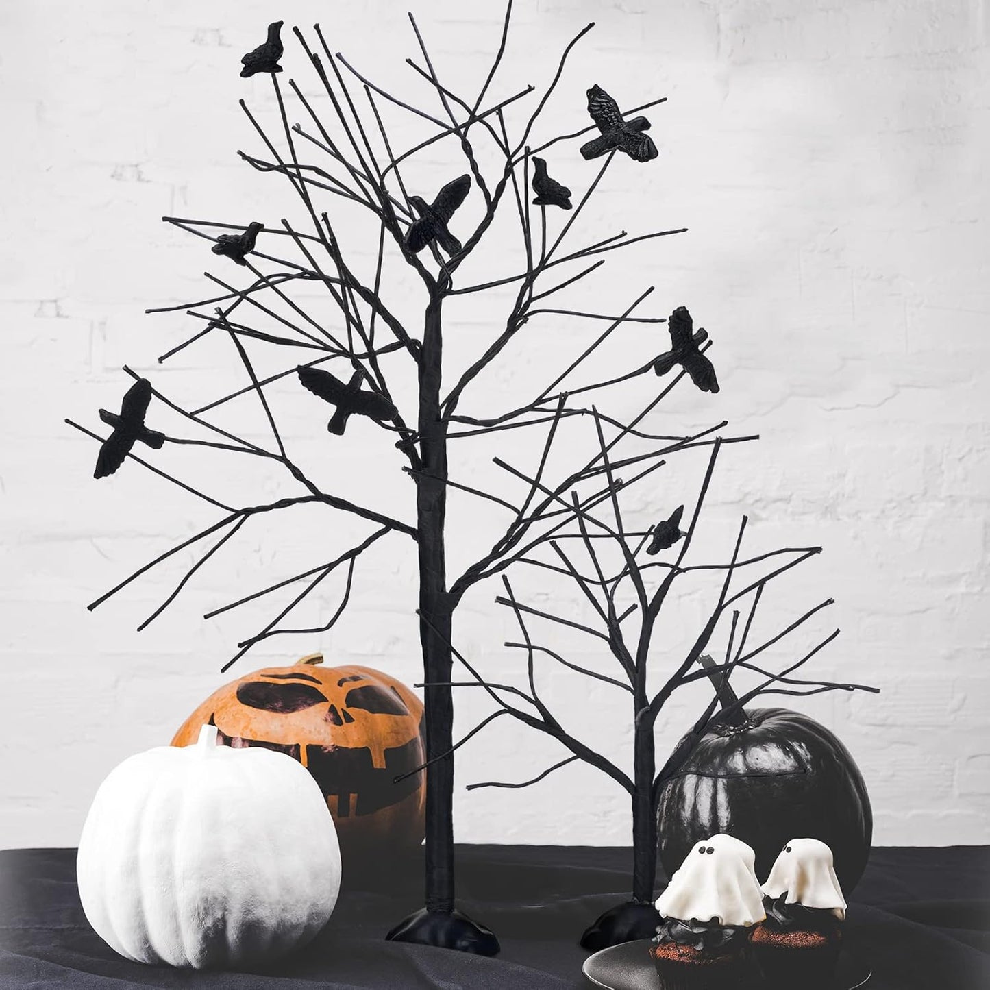 Amyhill 2 Pcs Halloween Village Trees With Black Crows - Artificial Bare Branch Tree Figurine Set for Home Decor and Village Accessories