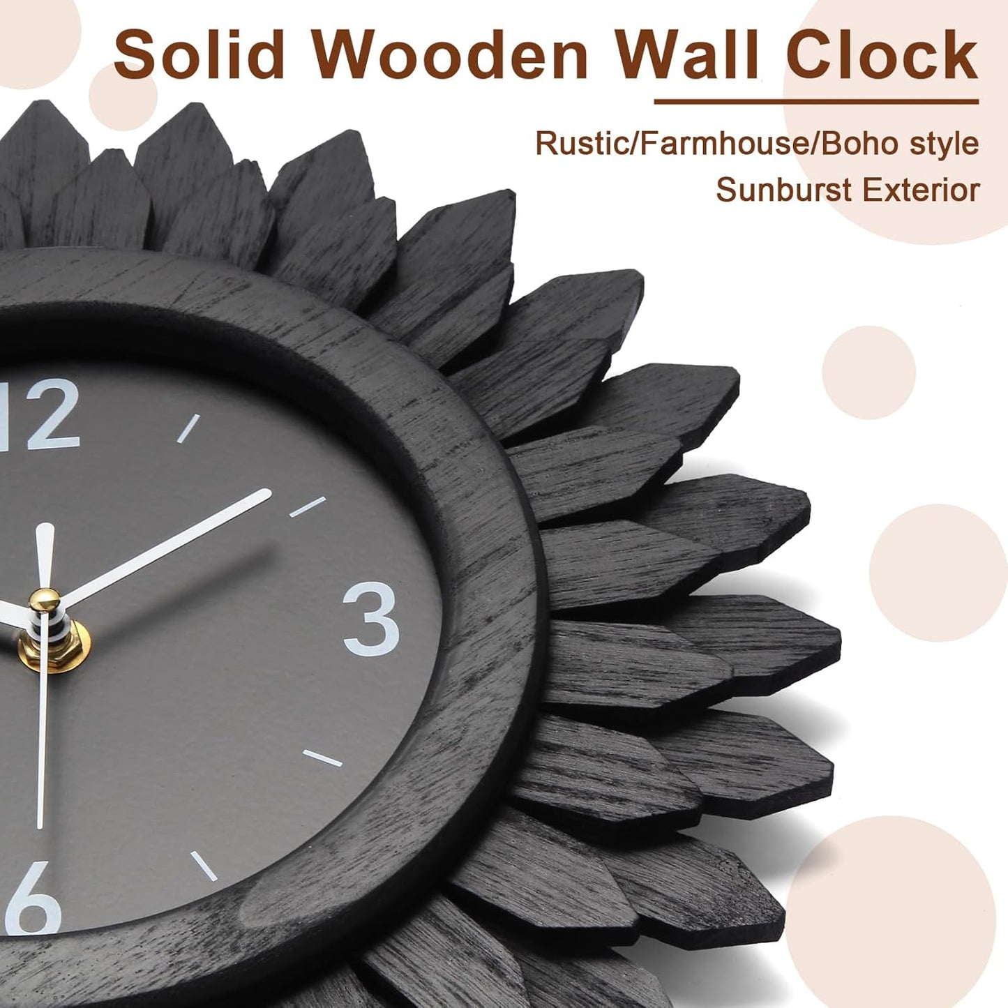 Honiway Wall Clock Battery Operated 12 Inch Rustic Wooden Boho Sunburst Decorative Wall Clock Silent Non-Ticking Black Wall Decor Clocks for Living Room Kitchen Bathroom Bedroom (Black)