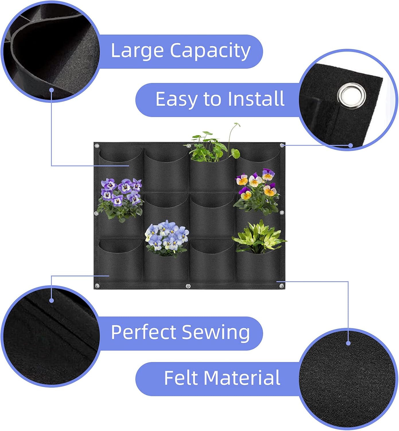 12 Pockets Hanging Planter Bags, Hanging Vertical Wall Mounted Plant Planting Grow Bags, Herb Garden Planter Outdoor Indoor Growing Bag, Gardening Vertical Greening Flower Container(0.6m×0.8m, Black)