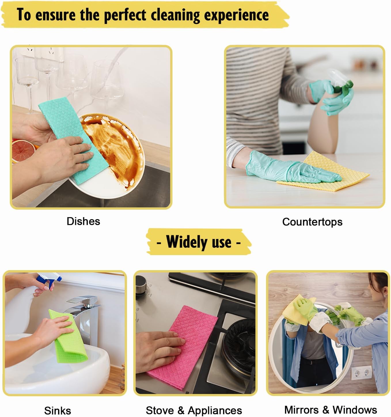 Swedish Dishcloths for Kitchen | 6 Pack Absorbent Cellulose Sponge Cloths Washable | Non-Scratch Reusable Paper Towels Quick Drying Cleaning Cloths - Yellow