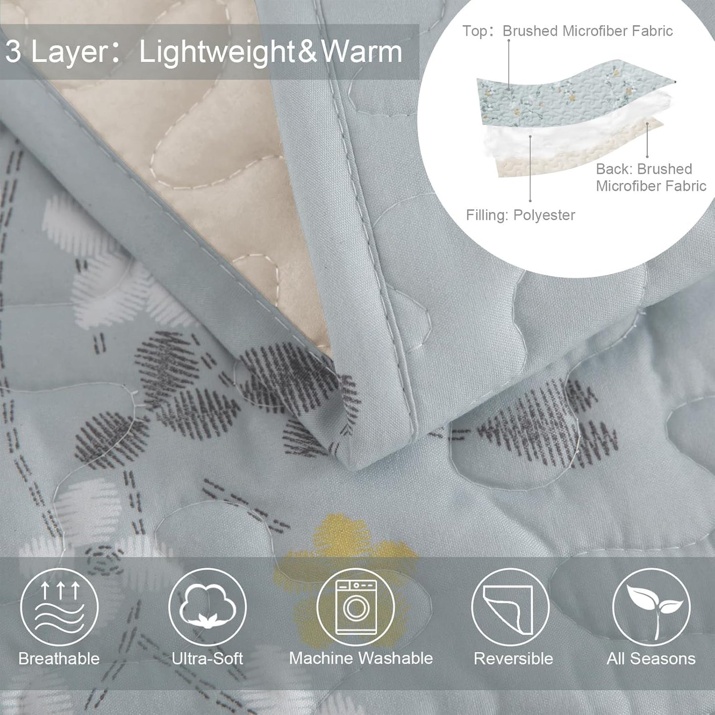 Exclusivo Mezcla Reversible Boho Quilt Set King Size, 3 Pieces Flowers Light Blue All Season Bedspreads, Ultra Soft Floral Coverlet Bedding Set with Printed Pattern (1 Quilt, 2 Pillow Shams)