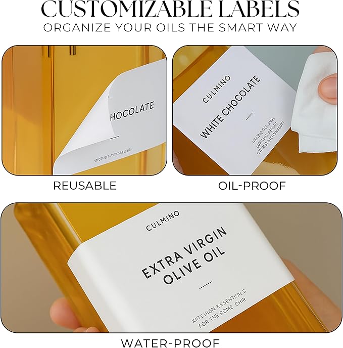 Premium Glass Olive Oil Dispenser Bottle 350ml | Cooking Oil and Vinegar Dispenser Set of 2 | Oil Dispenser for Kitchen with 2 Gold Pourers, Funnel, Brush & 36 Labels