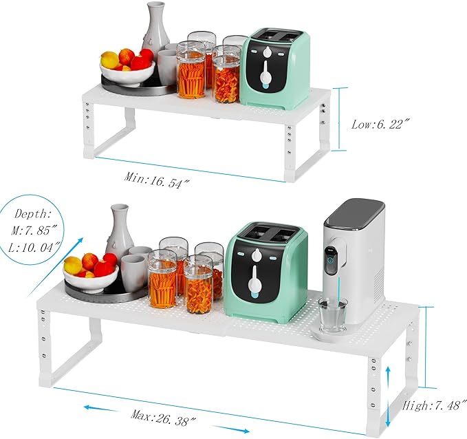Expandable Spice Rack Kitchen Cabinet Shelf Organizer, Stackable Storage Shelves Racks, Adjustable Counter Shelving for Cabinets, Countertop, Cupboard,Pantry and More(2Packs/White/Medium)