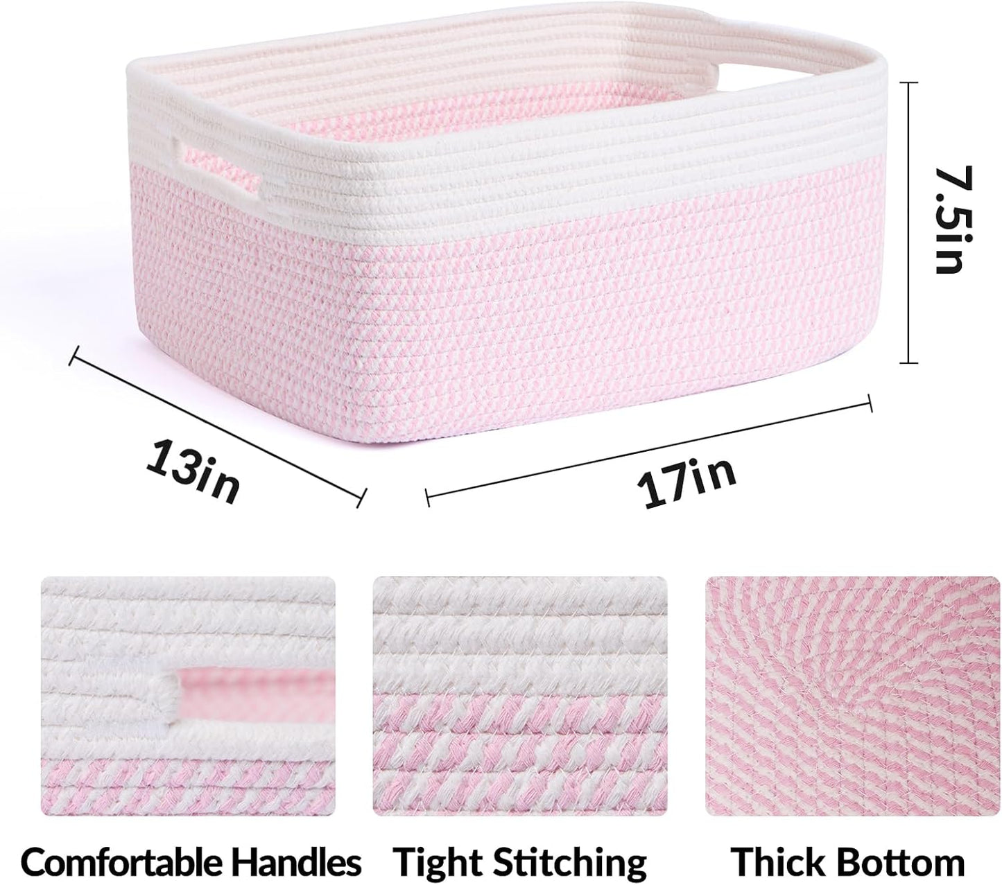 Large Storage Baskets for Organizing, Closet Shelf Baskets for Clothes Blanket Towels, Baby Nursery, Toy Bins Box, Woven Rope Baskets, 17 x 13 x 7.5”, 4 Packs Woven Pink