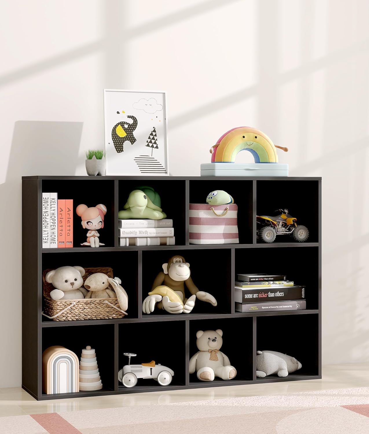 11 Cube Kids Toy Storage Organizer with Kids Shelf, Baby Bookshelf for Nursery, 3-Tier Children Wooden Bookcase, Storage Bookshelf for Classroom, Playroom, Kindergarten, Black