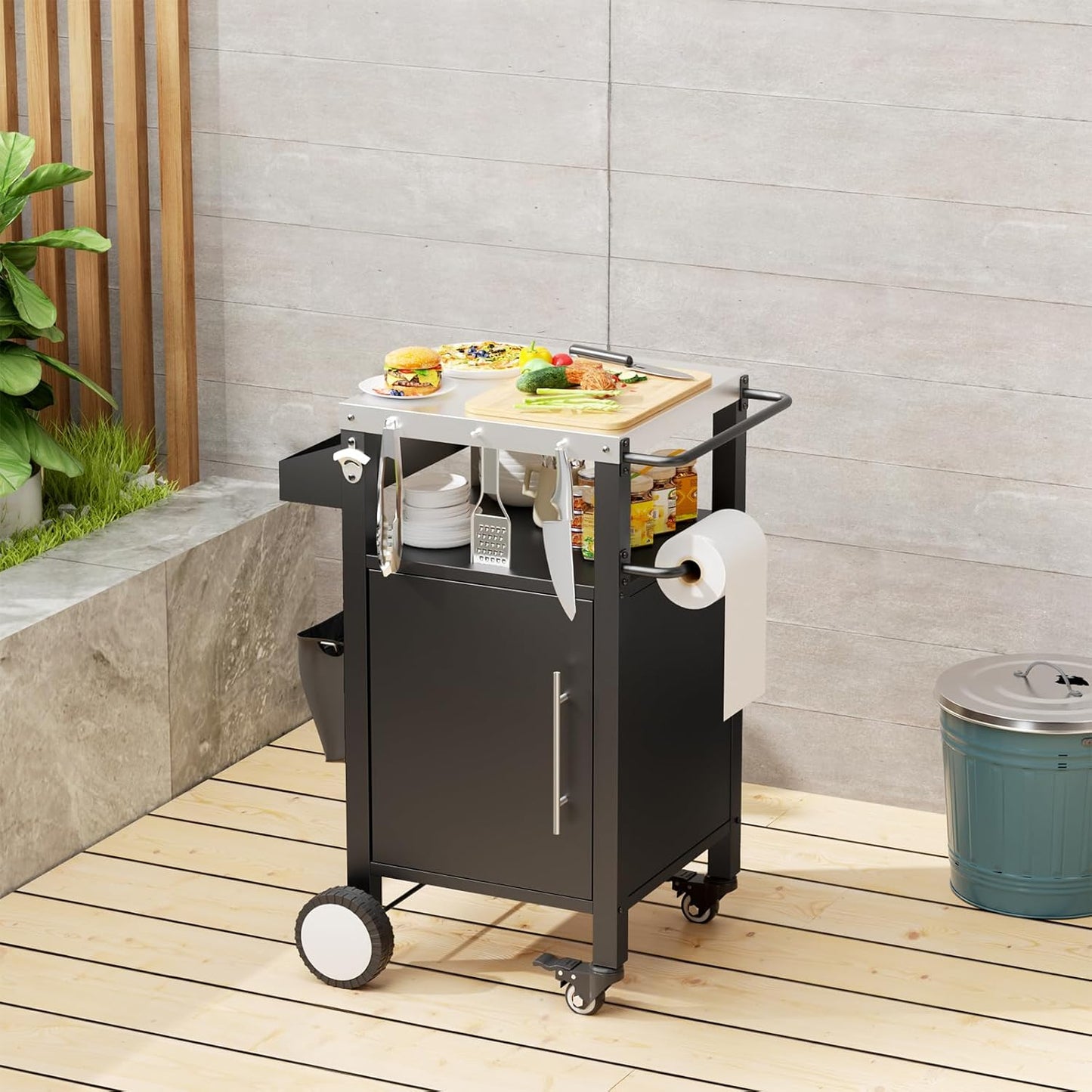 KEIKI Outdoor Grill Cart with Storage and Wheels, Rolling BBQ Prep Table with Spice Rack, Hooks, and Side Handles, Black Metal Bar Cart for Patio Kitchen and Grilling Accessories
