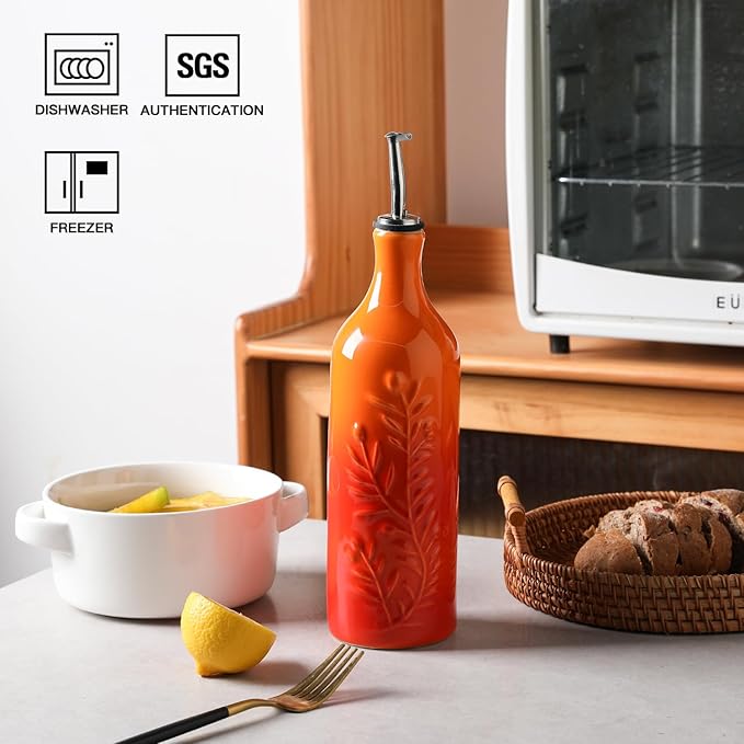 Sweejar Large Olive Oil Dispenser Bottle with Spout, 24 Oz Ceramic Oil Dispenser for Kitchen, Relief Opaque Cruet, Container for Cooking, EVOO, Vinegar, Pack of 1 (GradientOrange)