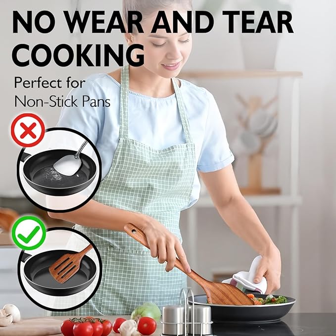 Wooden Spatulas for Cooking Non-Stick Kitchen Pan Toolset 2 PCS Set, Natural Teak Kitchen Utensils,Smooth Finish Utensils Fried Spatula,Turner Non-Stick Wooden Cooking Utensils