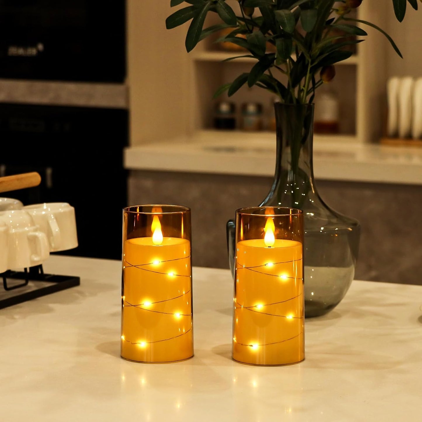 Aignis Flickering Flameless Candles Battery Operated Candles LED Candles with Remote Timer for Home/Wedding/Birthday/Holiday Decor ，Brown 3D Flame Set of 2 (D3 xH6 6")