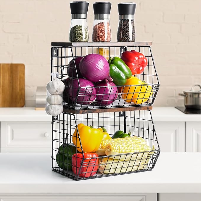Fruit Bowl, Stackable Wall Mounted Fruit Basket of Smooth Wood Lid with 4 Banana Hanger Hooks, Metal Kitchen Counter Organizer for Snack, Fruit and Vegetable Storage, 11.8 * 7.9 * 8.5 Inches