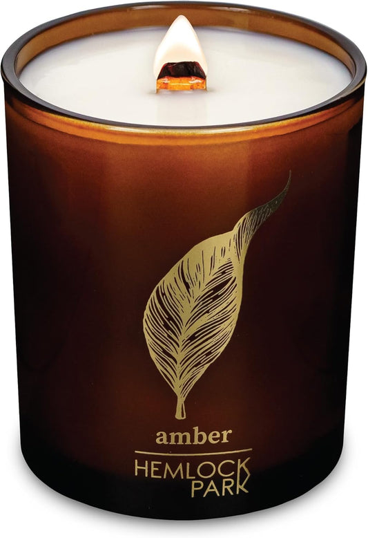Hemlock Park Wood Wick Candle Handcrafted with Natural Coconut Wax and Essential Oils (Amber & Gold 7.2 oz, Amber)