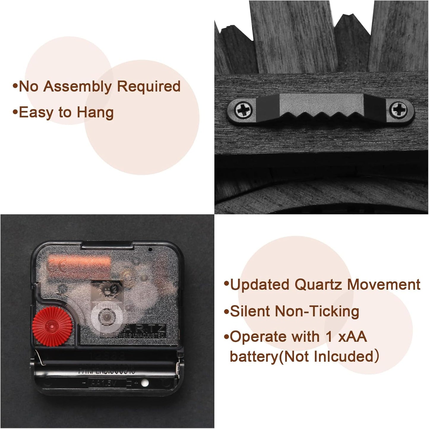 Honiway Wall Clock Battery Operated 12 Inch Rustic Wooden Boho Sunburst Decorative Wall Clock Silent Non-Ticking Black Wall Decor Clocks for Living Room Kitchen Bathroom Bedroom (Black)