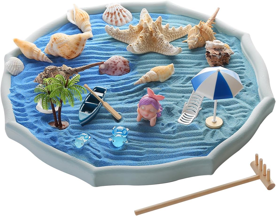 Desktop Zen Garden Kit - Ocean Themed Decor Sand, Natural Shells Starfish Conch, Mermaid Resin Summer Beach Desktop Decorations, Office Desktop Decoration Gift (Blue)
