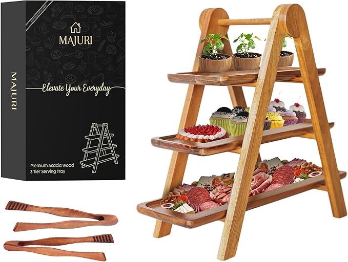 MAJURI 3 Tier Wooden Serving Tray, Set of 2 Tongs Free, Tiered Serving Trays & Platters for Party, Wedding, Picnic, Your Perfect Elevated Charcuterie Stand and for 3 Tiered Dessert Stand Lovers