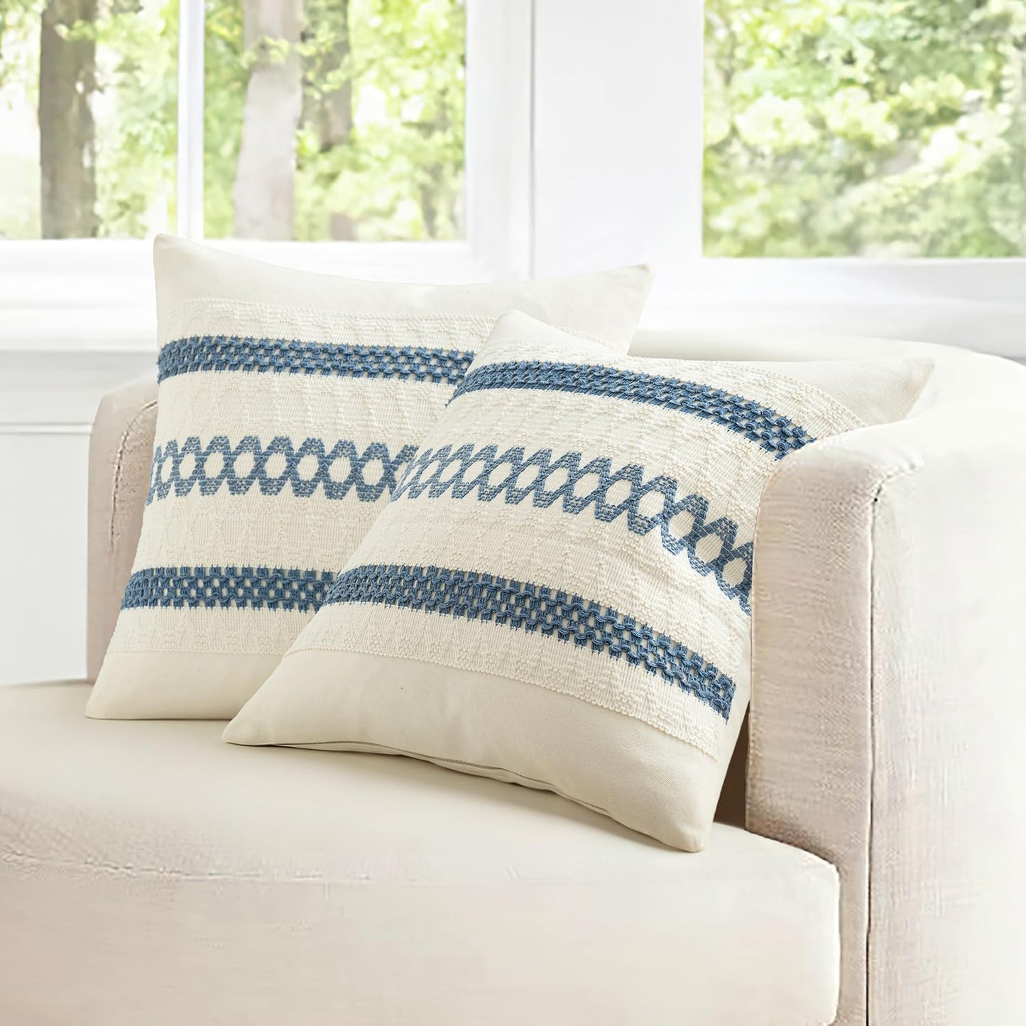 MIULEE Set of 2 Coastal Blue Boho Decorative Pillow Covers 16x16 Inch Farmhouse Rustic Couch Throw Pillows Modern Cotton Cushion Covers Retro Cute Macrame Woven Home Decor for Bed Sofa Chair