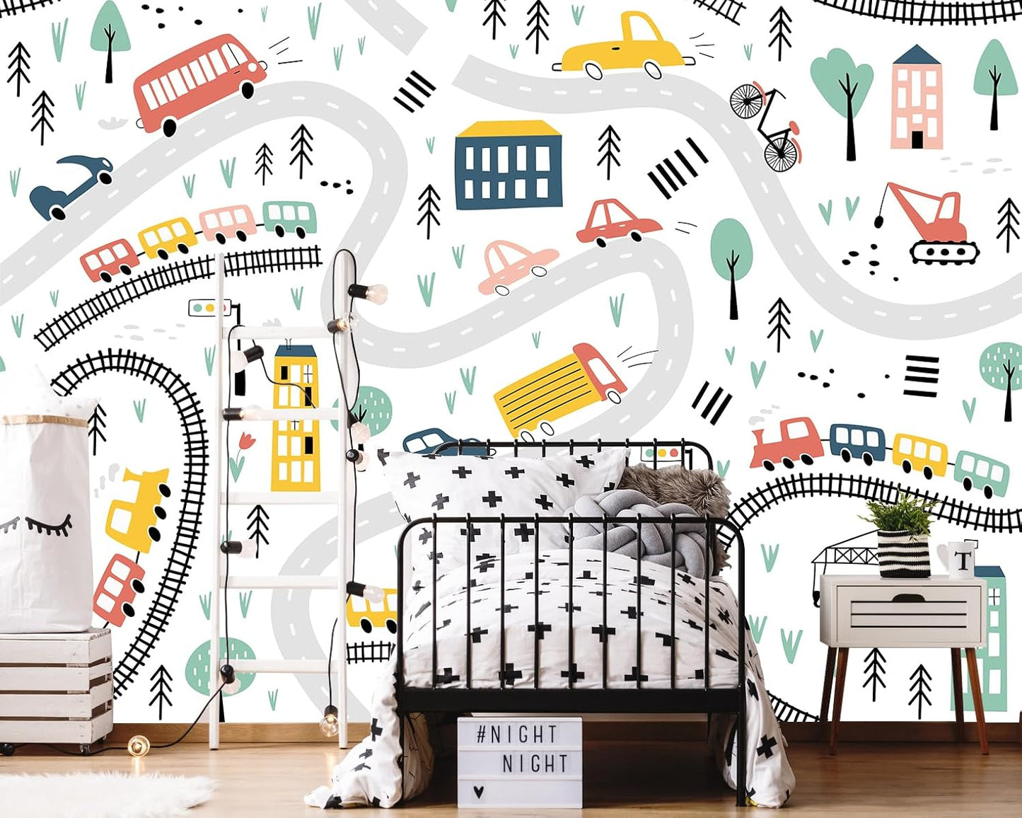 Cartoon Car Roadmap Wall Mural Bus Wallpaper for Kids Room Bedroom Living Room(Not Peel and Stick)