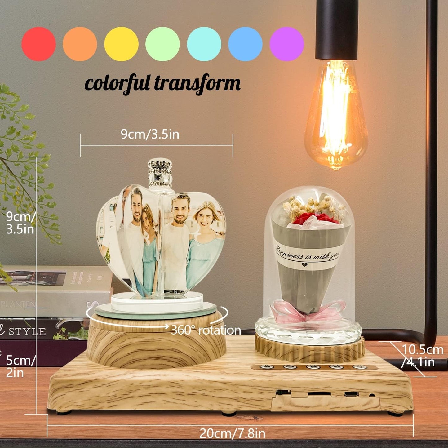 3D Crystal Photo, Personalized 4 Photos-Color Print Picture, Crystal Night Light Family Baby Mother Lover Daddy Day Gift, Rotating Windmill Rose Ornament lamp