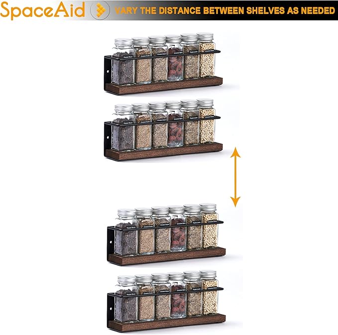 SpaceAid Spice Rack Organizer for Cabinet Door or Wall Mount (4 Pack) with 415 Spice Labels - Wood Hanging Seasoning Shelf for Cupboard Pantry or over the Stove