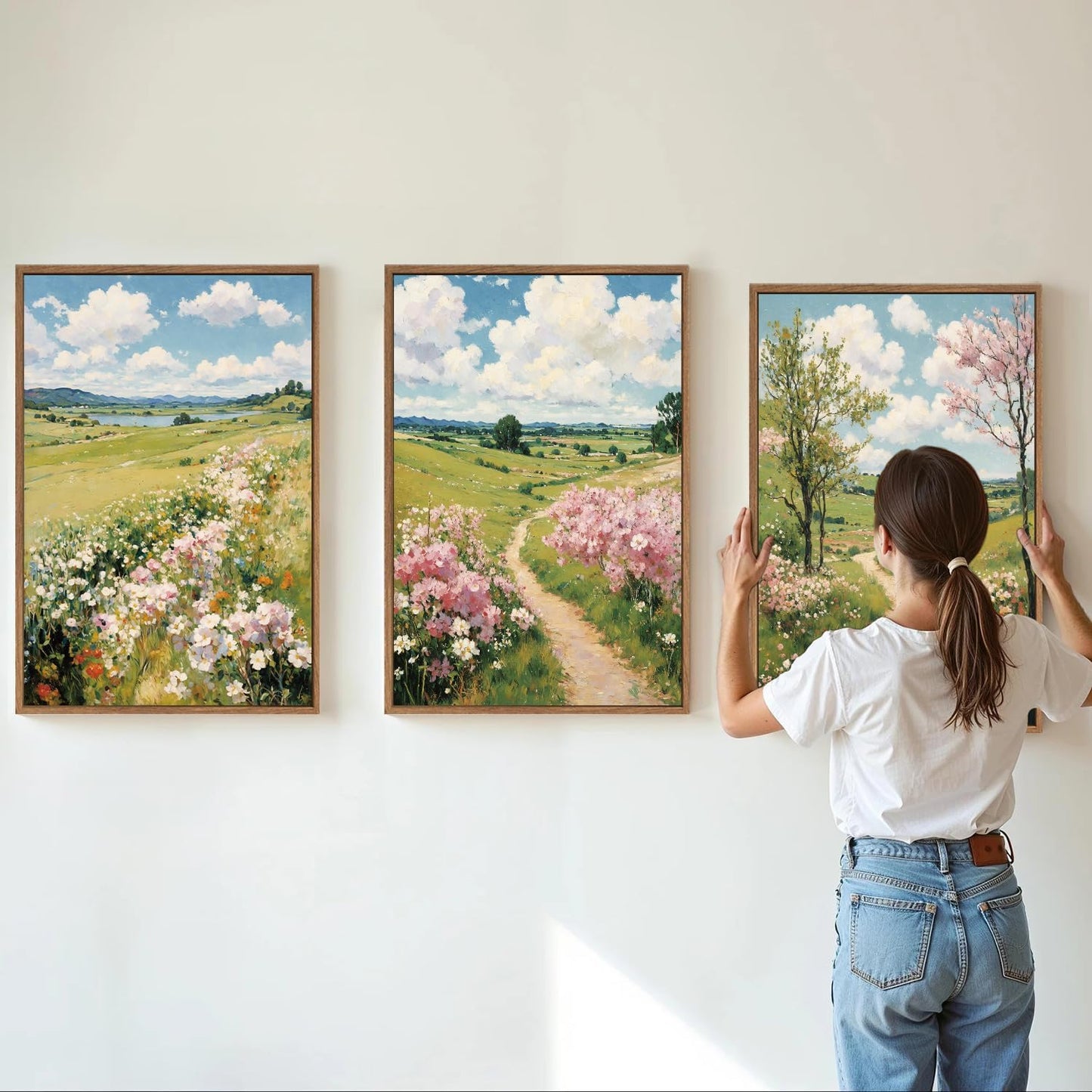 Tinonedraw Rustic Landscape Framed Canvas Wall Art Triptych, Blue and White Wall Decor, Vintage Botanical Floral Artwork, Modern Country Nature Farmhouse Art Prints for Living Room Bedroom 16"x24"x3