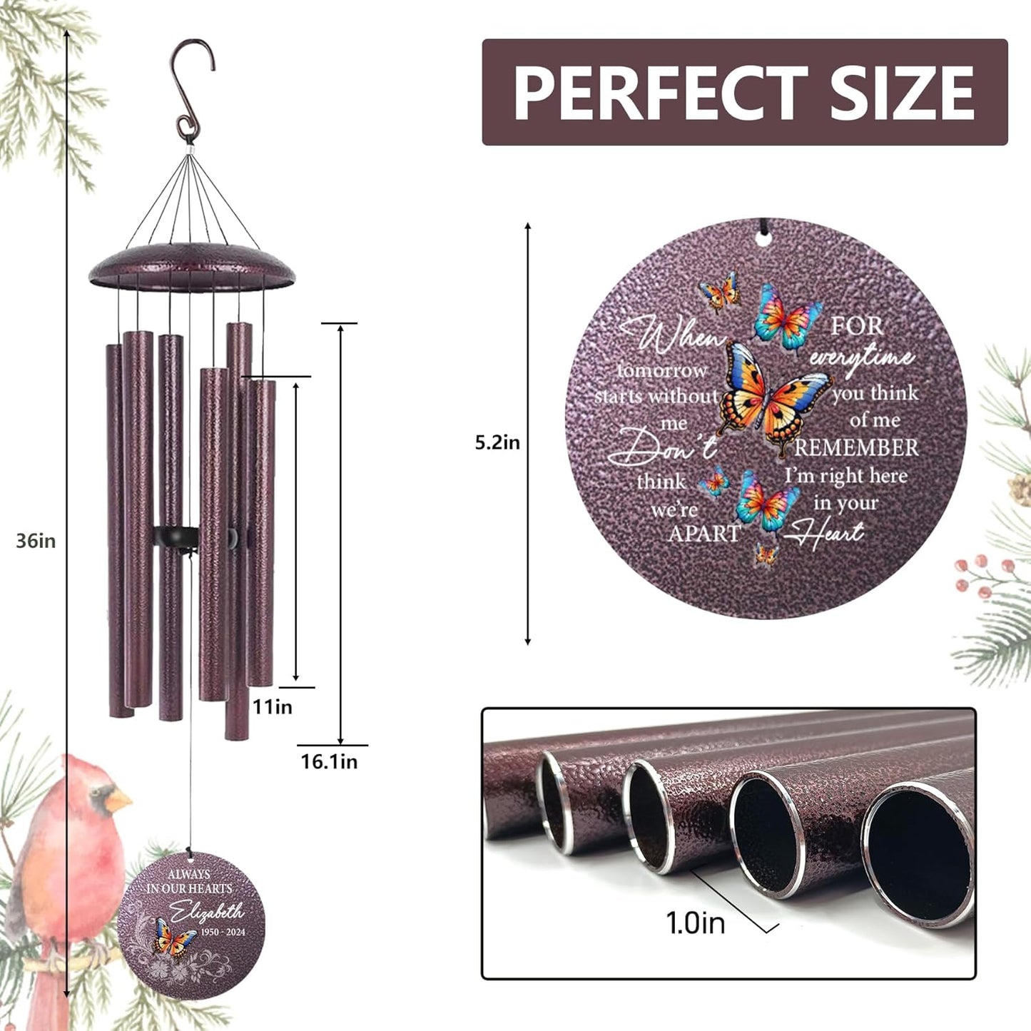ASTARIN 36" Large Deep Tone Personalized Sympathy Wind Chimes, Memorial Wind Chime for Loss of Mother Father Loved One, Bereavement Gifts Decor Outdoor Patio Garden Graveyard