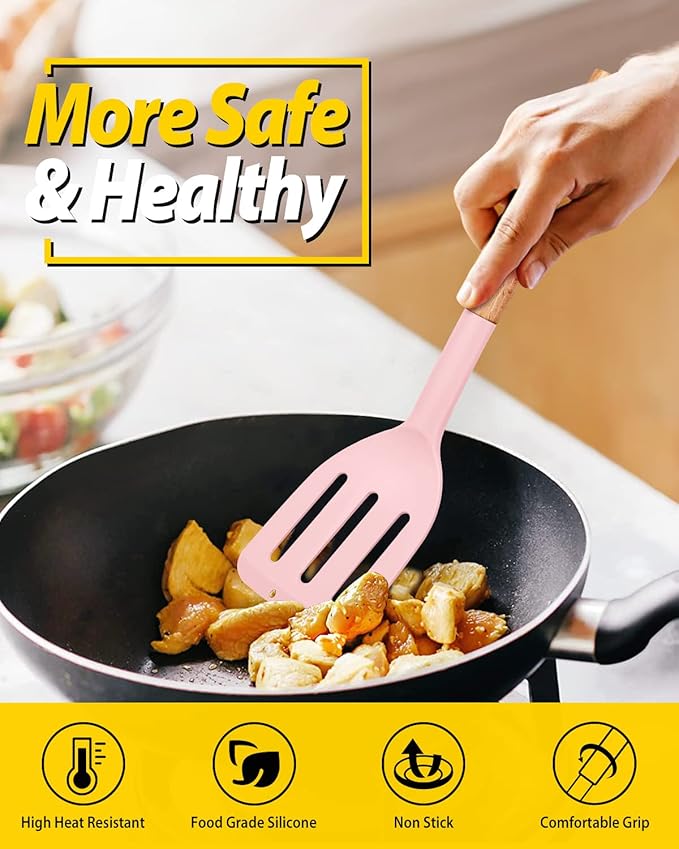 Pack of 2 Silicone Cooking Spatula, Heat Resistant Solid Turner, Non Stick Slotted Spatulas with Wooden Short Handle,Ideal Wood Kitchen Utensils Set for Frying, Baking, Flipping, Turning