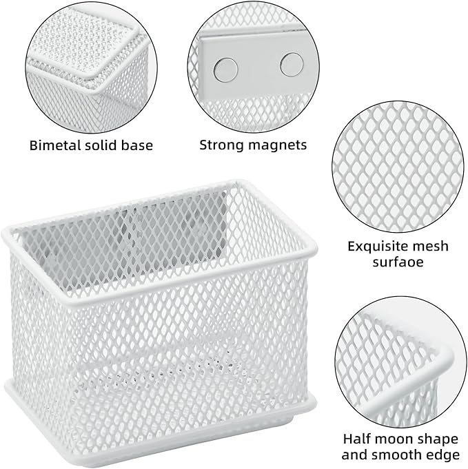 dedoot 2 Pack Pen Holder, 3.45x2.3x2.6inch Magnetic Basket Locker Organizer Metal Mesh Pencil Memo Holder for Whiteboard, Fridge, Desk, Offices,White