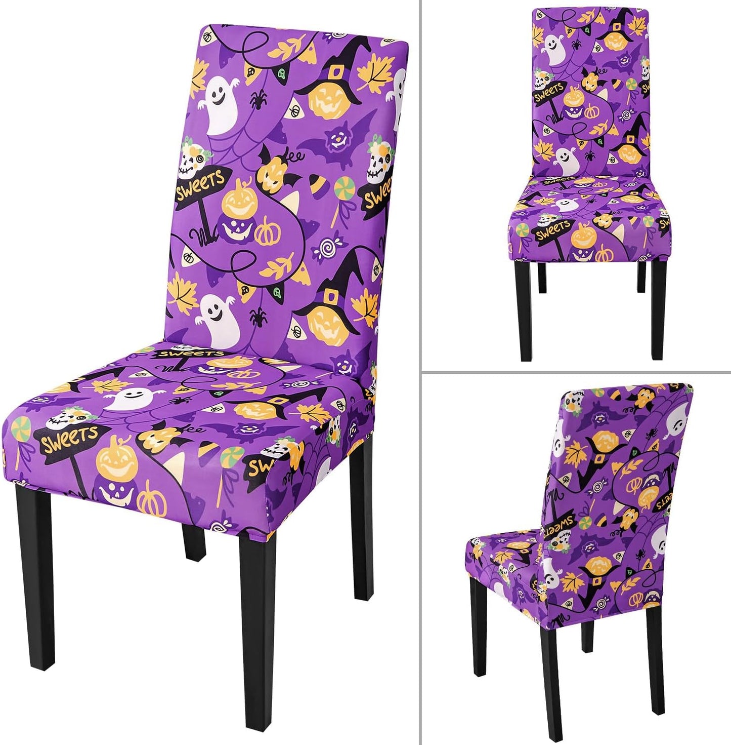 JQinHome Purple Halloween Chair Slipcover, Spider Web Chair Covers Set of 4, High Stretch Washable Chair Protector Cover for Dining Room, Kitchen,Home Party,Wedding Ceremony(Purple Candy,4PC)