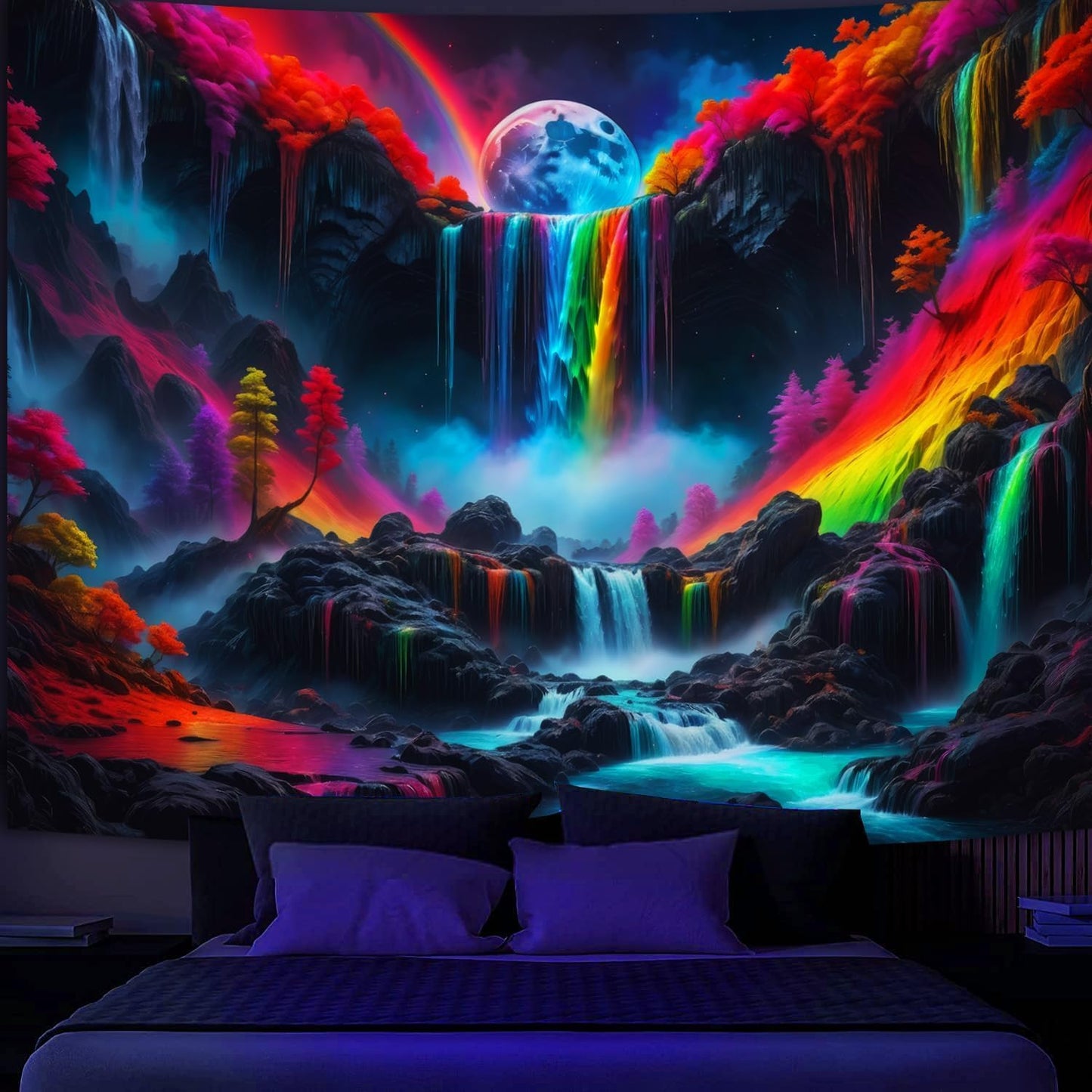 SparkLia Blacklight Waterfall Planet Tapestry, UV Reactive Glow in the Dark Fantasy Landscape Mountain Wave Neon Nature Wall Hanging Tapestries for Bedroom - 90 x 70 inches