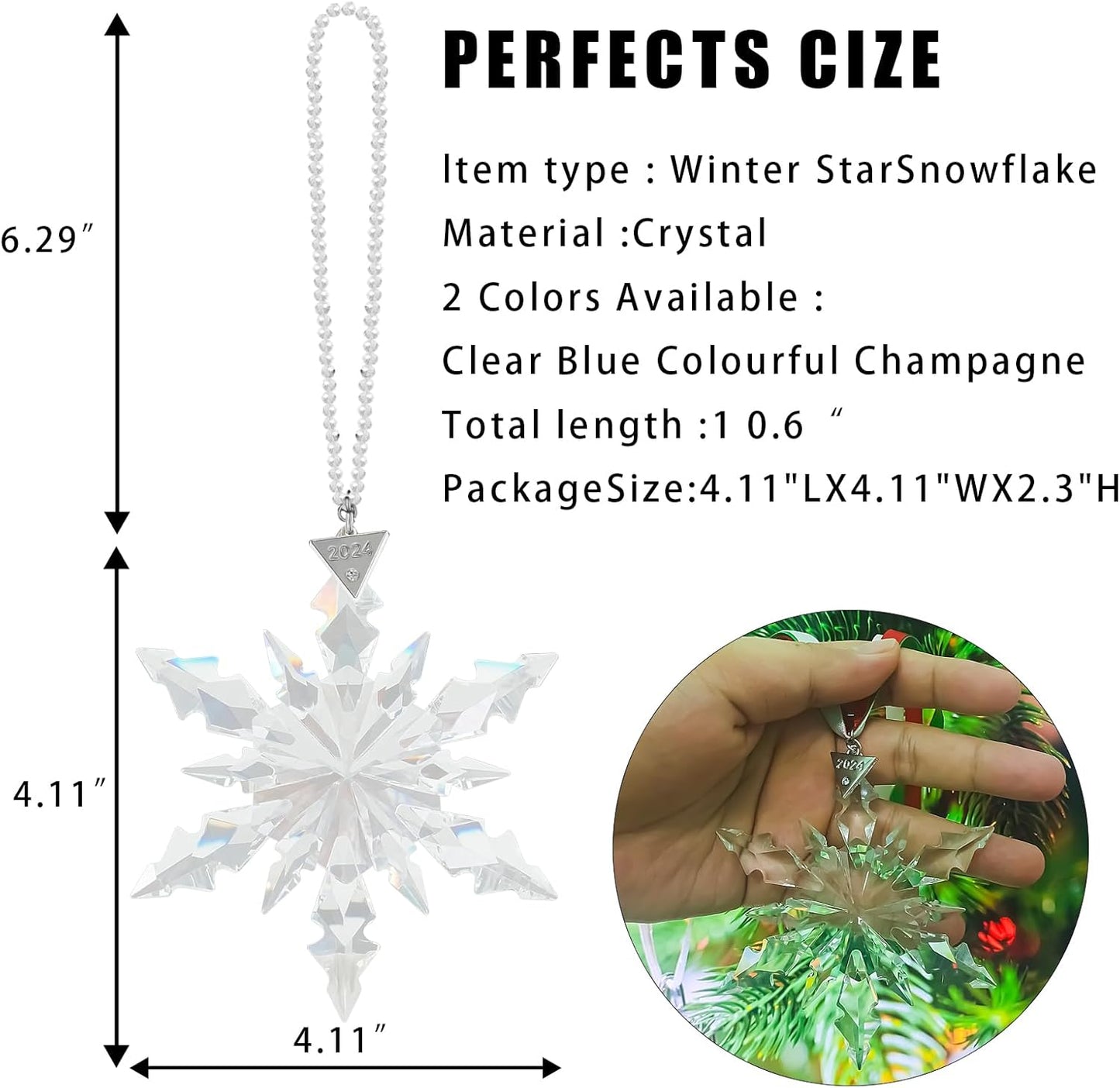 2024 Annual Christmas Ornaments Snowflake Star Clear White Faceted Crystal with Tone Metal Accents and Rayon Ribbon-New Year Christmas Tree Ornaments Crystal Sun Catcher Home Hanging Decor
