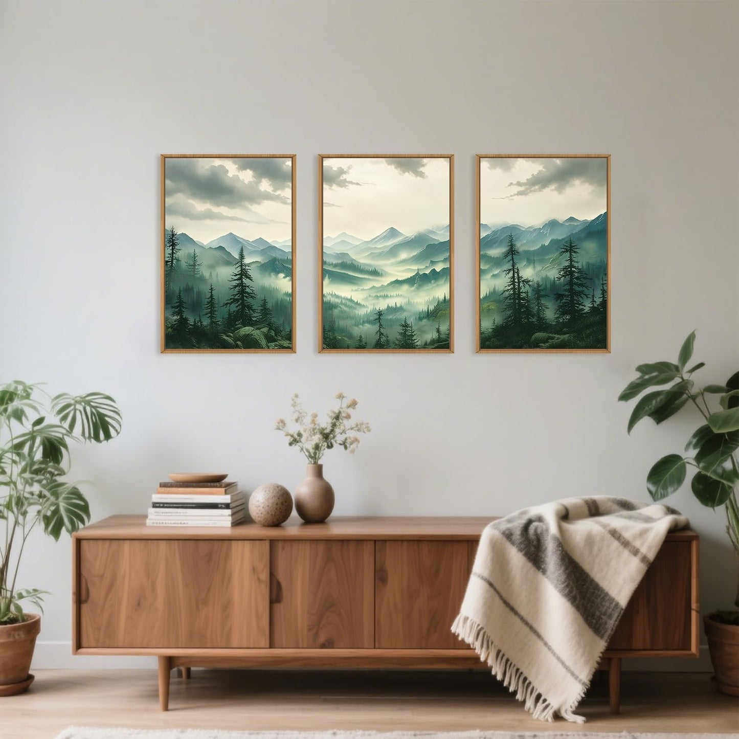 Celestdeco Green Foggy Mountain Framed Canvas Wall Art Set, Misty Forest Wall Decor, Watercolor Pine Tree Wall Painting, Large Nature Landscape Art Print for Living Room, Bedroom, Office - 24"X36"X3