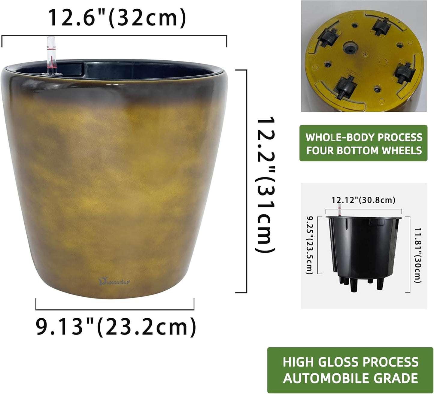 Dexceder 13x12 Self Watering Planter with Wheels Indoor Outdoor, Inner Pot Design, Thickened Large Floor Standing Flower Plant Pot with Water Level Indicator (Yellow Brown Gradient)