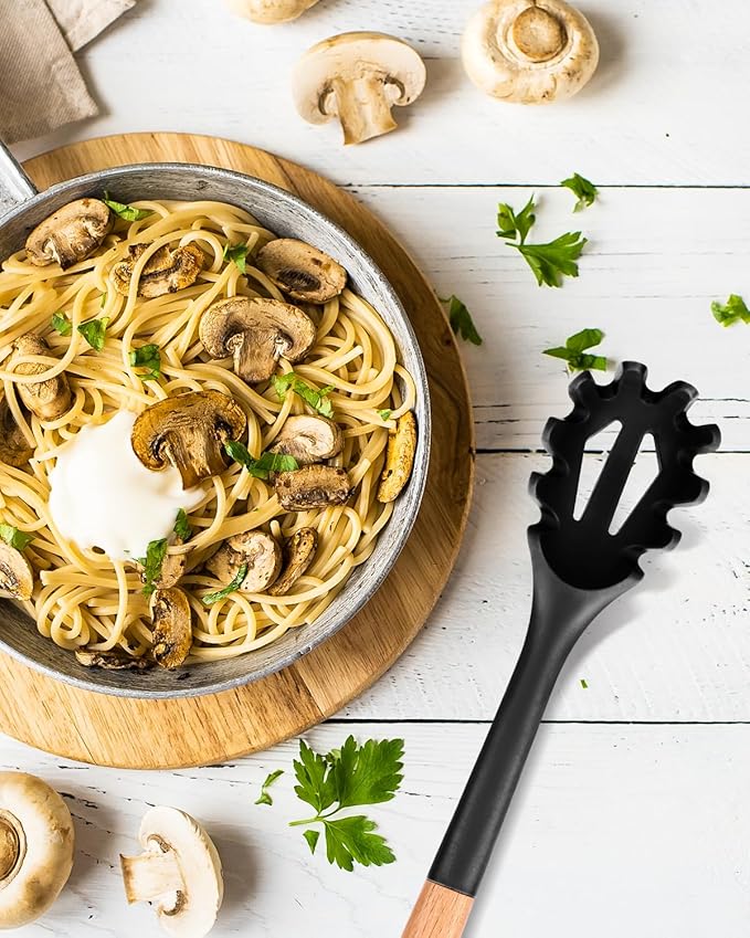 Silicone Pasta Fork, Kitchen Heat Resistant Noodle Spoon Server, BPA Free Spaghetti Strainer,12.8 inch (Black)