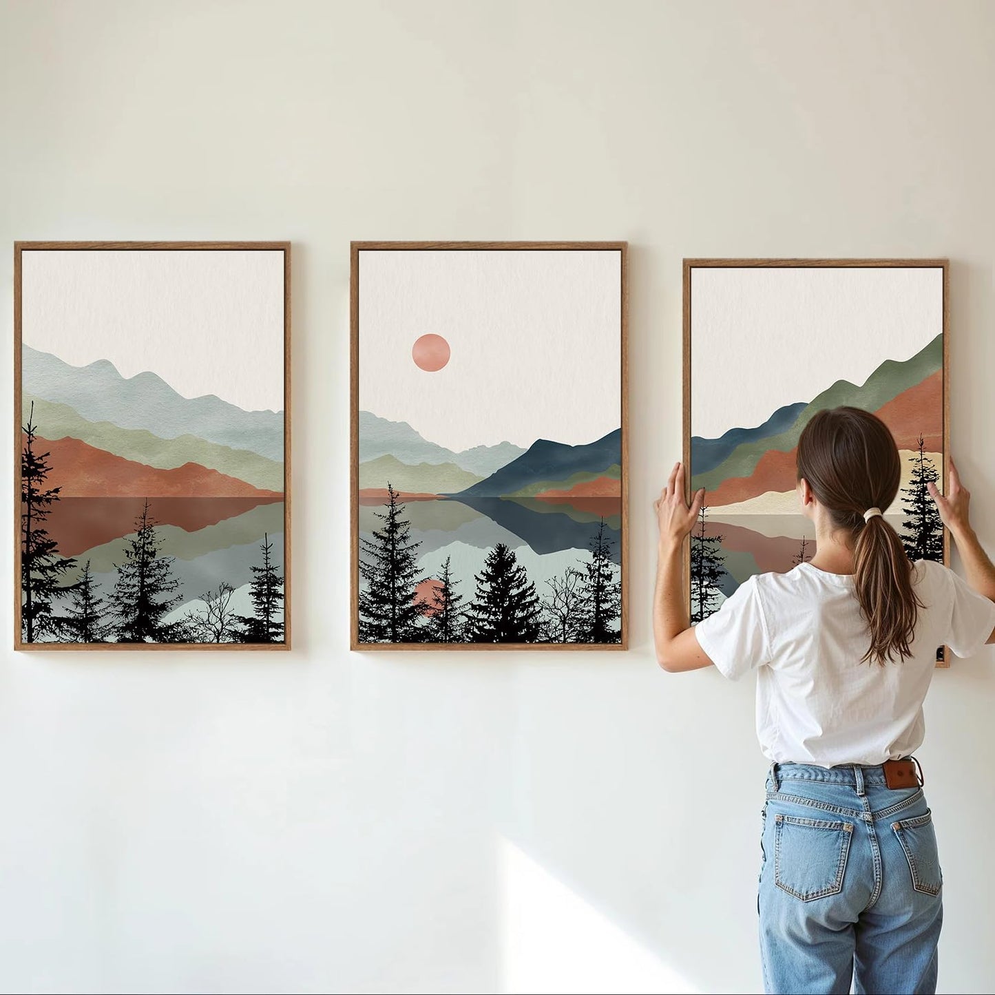 Tinonedraw Boho Mountain Framed Canvas Wall Art Set, Watercolor Nature Landscape Wall Decor, Black Pine Trees Forest Artwork, Neutral Modern Sunrise Art Prints for Living Room Bedroom Office 24"x36"x3