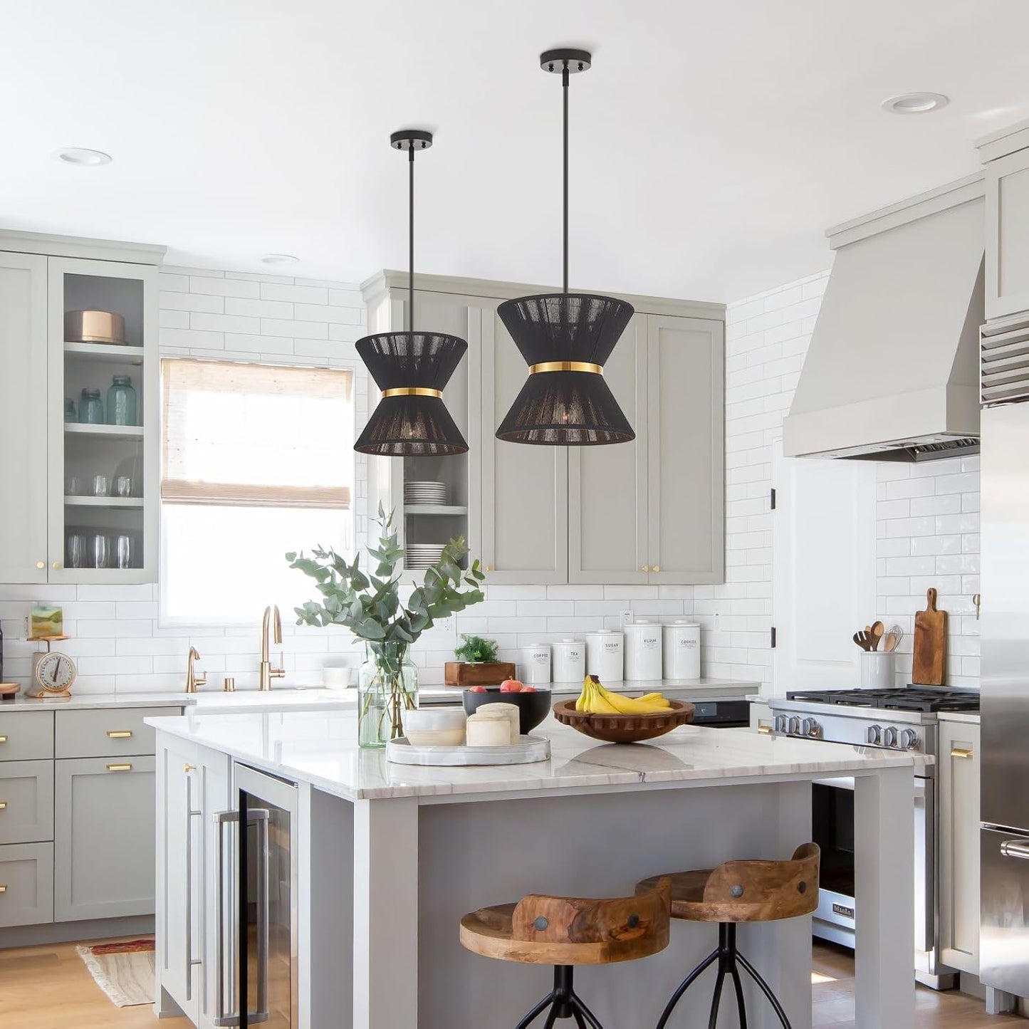 Hand Woven Boho Pendant Light Coastal Mini Modern Chandelier Adjustable Transitional Minimalist Pendant Lighting Fixtures for Kitchen Island Dining Room, Black, Dia 12.2”, UL Listed