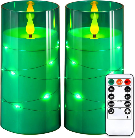 NURADA Flickering Flameless Candles: Built-in Star String Acrylic Battery LED Pillar Candles Candles with Remote and Timer for Home Party Weddings Christmas Halloween Decor -Green 2 Pack