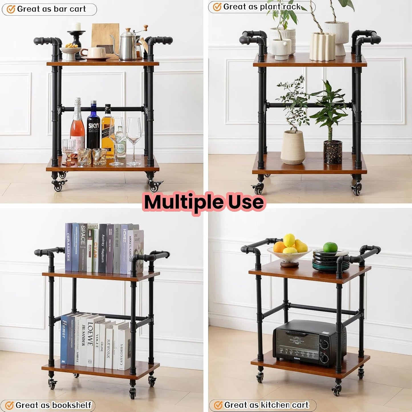 Industrial Pipe Bar Carts/Serving Carts/Kitchen Carts/Wine Rack Carts on Wheels with Shelves - Wood Rolling Carts - Wine Tea Liquor Shelves/Holder - Home Furniture (Two tiers pipe wood bar cart)