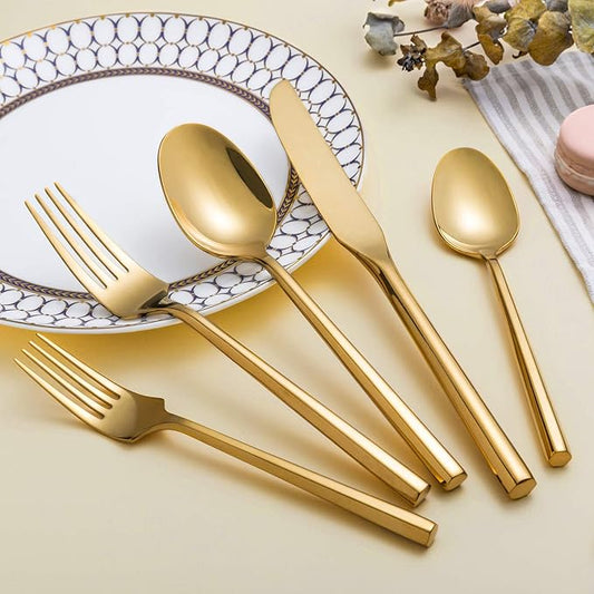 Silverware Set Flatware Set Shiny Gold Cutlery Set with Hexagon Handle Forged Stainless Steel Heavy 20 Pieces For Home Hotel Use Service for 4