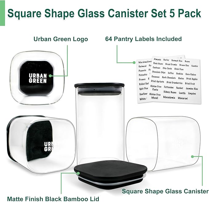 Urban Green Glass Jars with Black Bamboo Lids, food storage sets with airtight black lids, Glass Canisters Sets, Kitchen Organizing Jars (5 Sets of 27oz, 38oz, 66oz)