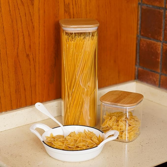 Glass Pasta Storage Jars Square 73oz, 3 Pack Glass Jars With Bamboo Lids, Tall Kitchen Storage Containers For Pasta, Storage For Pantry Organizers