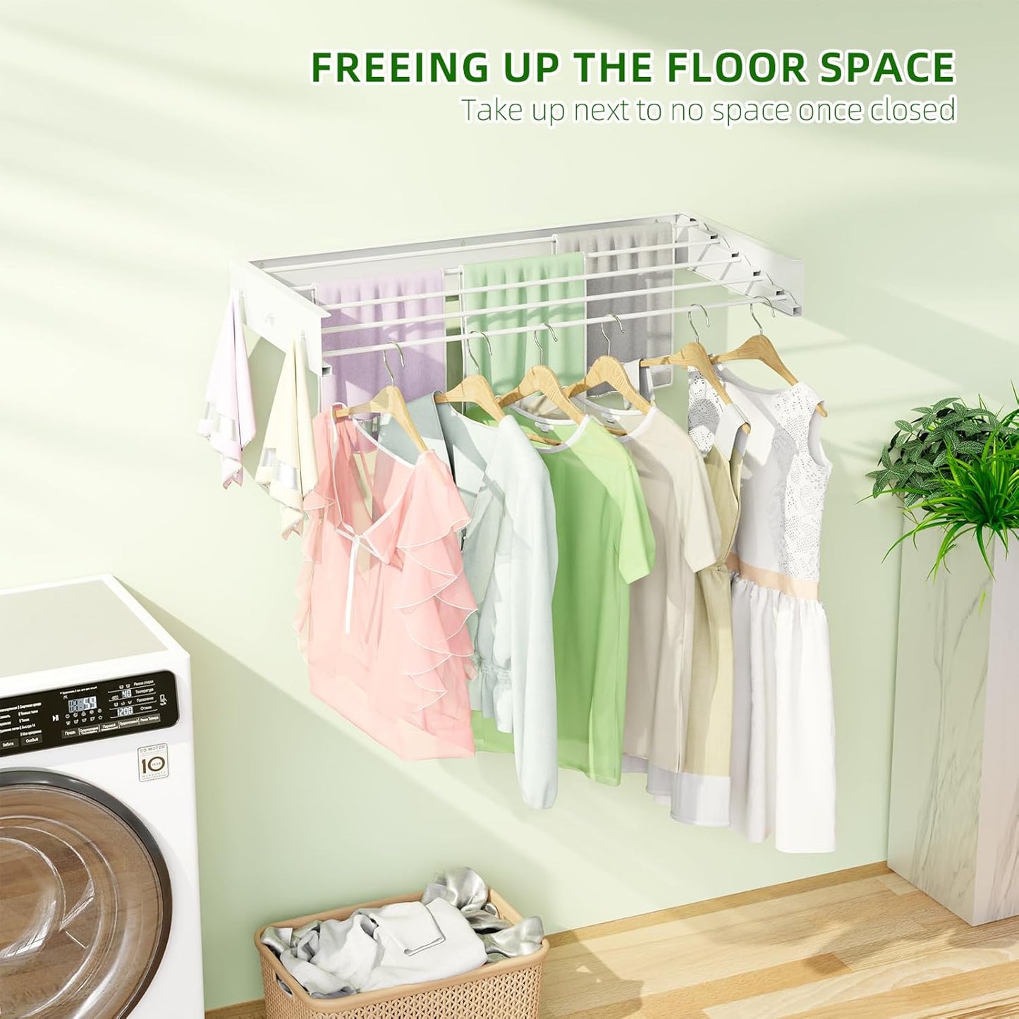 Wall Mounted Drying Rack for Laundry 31.5'', Folding Drying Rack Clothing Wall Mount with 5 Rods and 6 Hooks, Space Saving for Indoor Outdoor Bathroom Balcony (White, 31.5'')