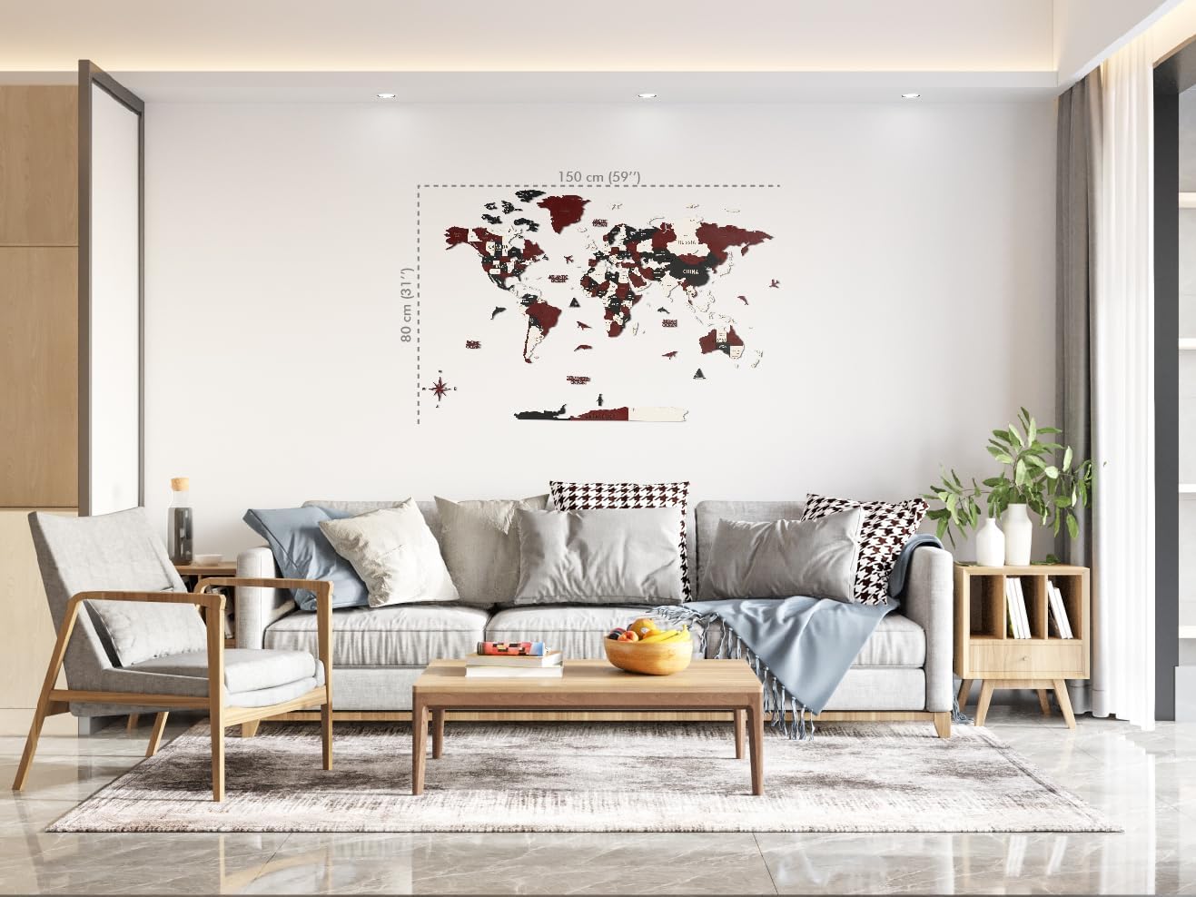 Colorfull Worlds 3D Wooden World Wall Art | Unique Wall Decor with Pins for Travel Enthusiasts | Home and Office Wall Décor | Burgundy | XLarge