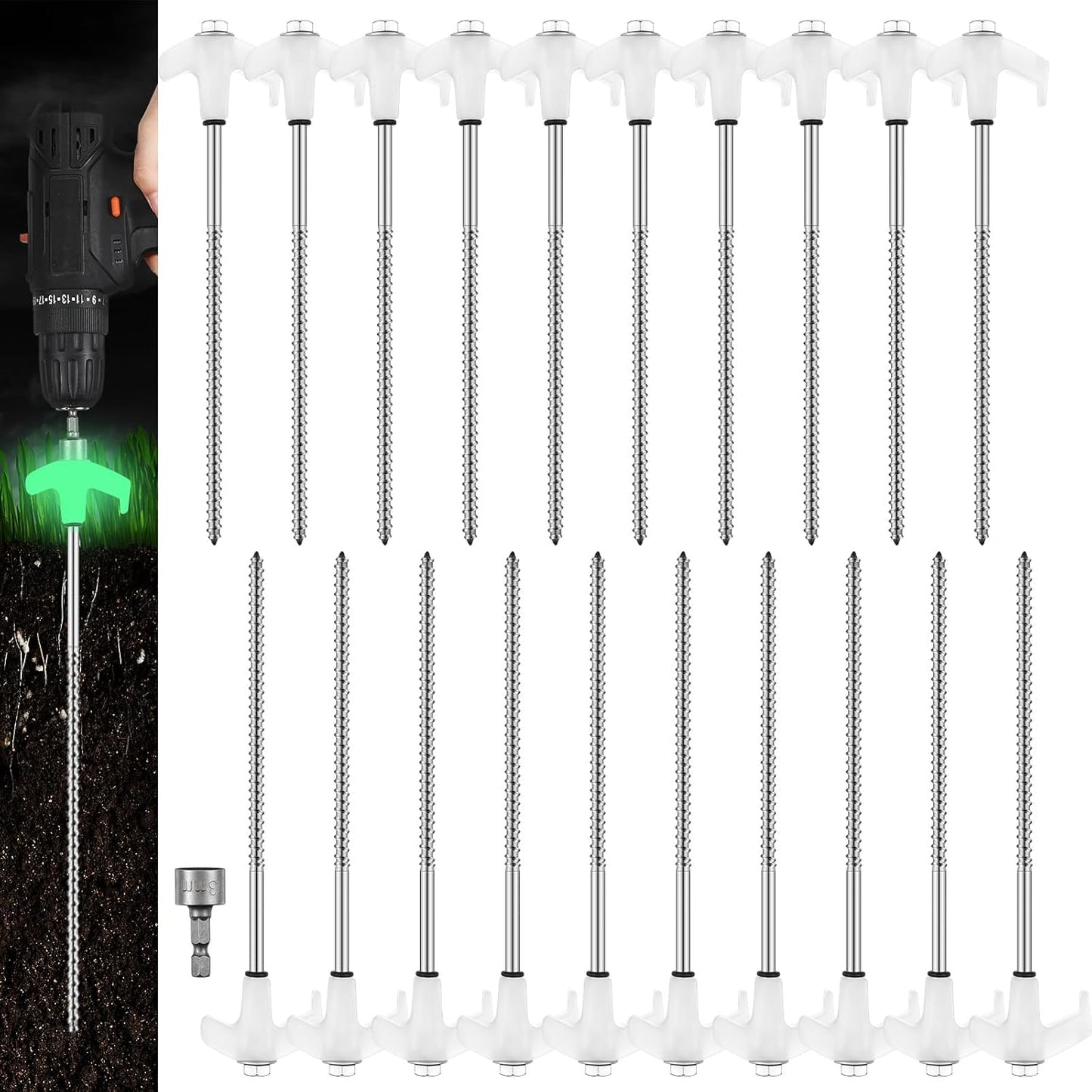 Hicarer 20 Pcs 20 Pcs 8'' Screw in Tent Stakes Heavy Duty Ground Metal Stakes for Inflatables with Hex Head Driver for Outdoor Camping Tent Inflatable Garden Decor (Luminous White)