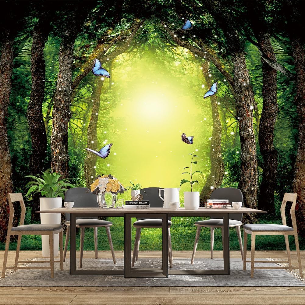 Classy Dream Butterfly Forest Tree Wallpaper for Bedroom Jungle Woodland Wall Mural Living Room Large Woods Adhesive Fabric decorr - 183"x120"（Not Peel and Stick）