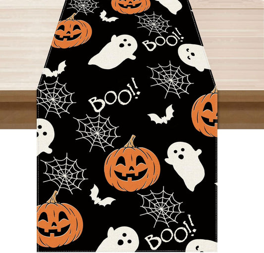 XCHI Boo Spooky Ghost Pumpkin Halloween Table Runner Burlap Table Decoration for Home Kitchen Dining Dinner Indoor Holiday Farmhouse Decor 13x90 Inch