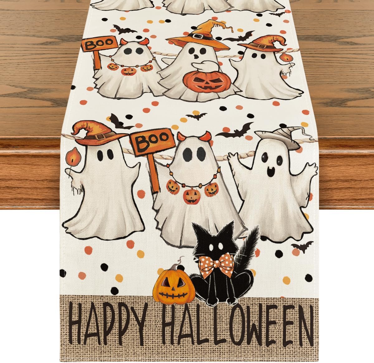 Artoid Mode Beige Ghost Jack-O'-Lantern Black Cat Halloween Table Runner,Holiday Kitchen Dining Table Decoration for Home Party Decor 13 x 120 Inch