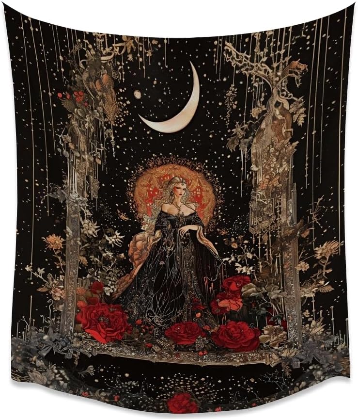 Dark Academia Moon Goddess Tapestry Gothic Fantasy Rose Wall Art Mystical Witchy Woman Print Victorian Artwork Aesthetic Tapestries Wall Hanging for Girls Room Bedroom Decor 70x90inch